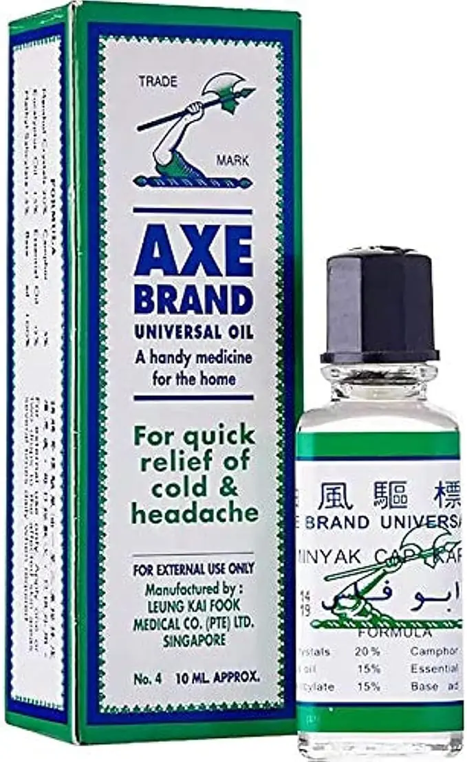 Axe Brand Universal Oil — the carton and small glass bottle on a white background