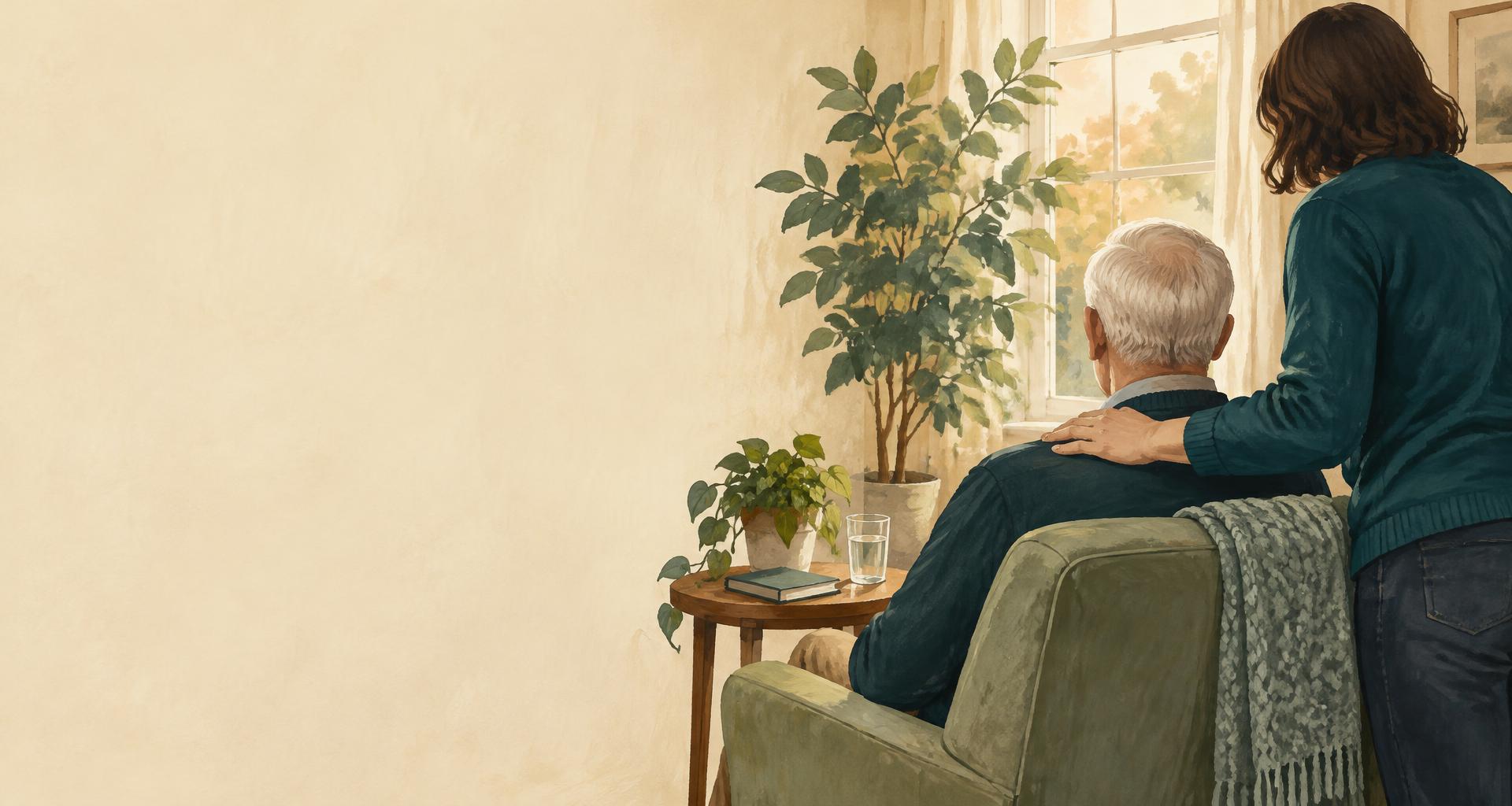 Anonymous painted illustration of an adult child beside their seated father at home
