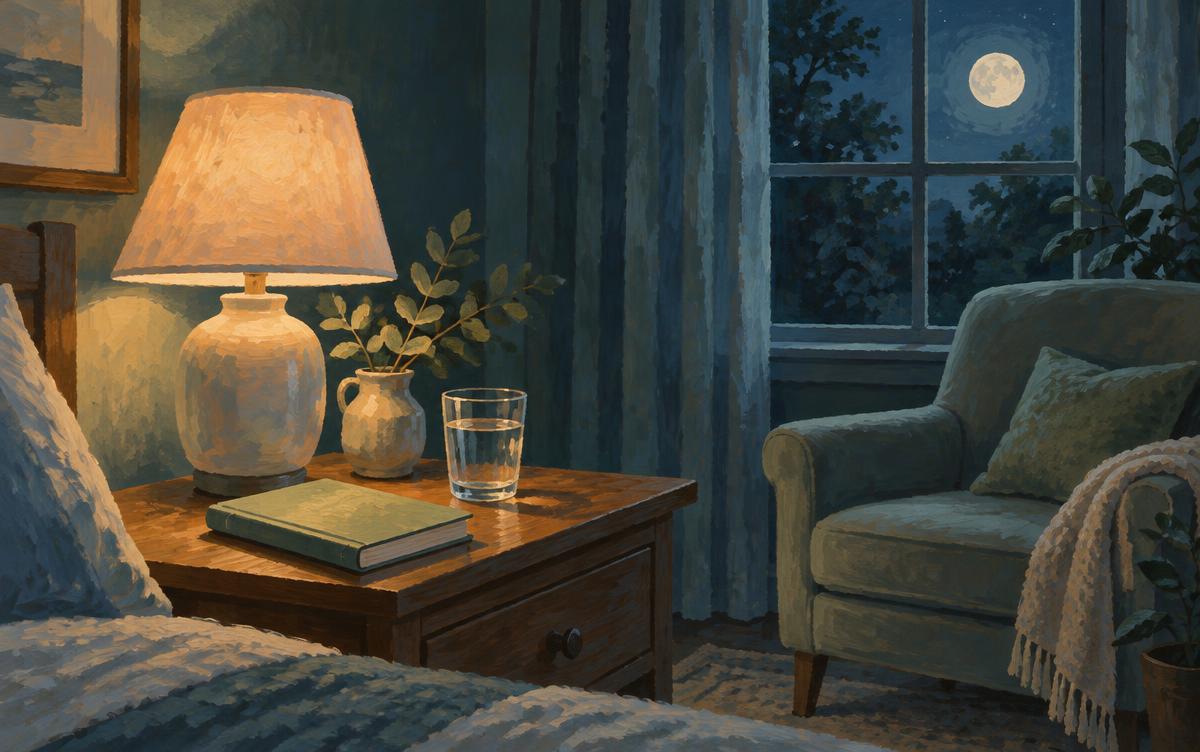 Illustration of a quiet nighttime room with a notebook and reading lamp
