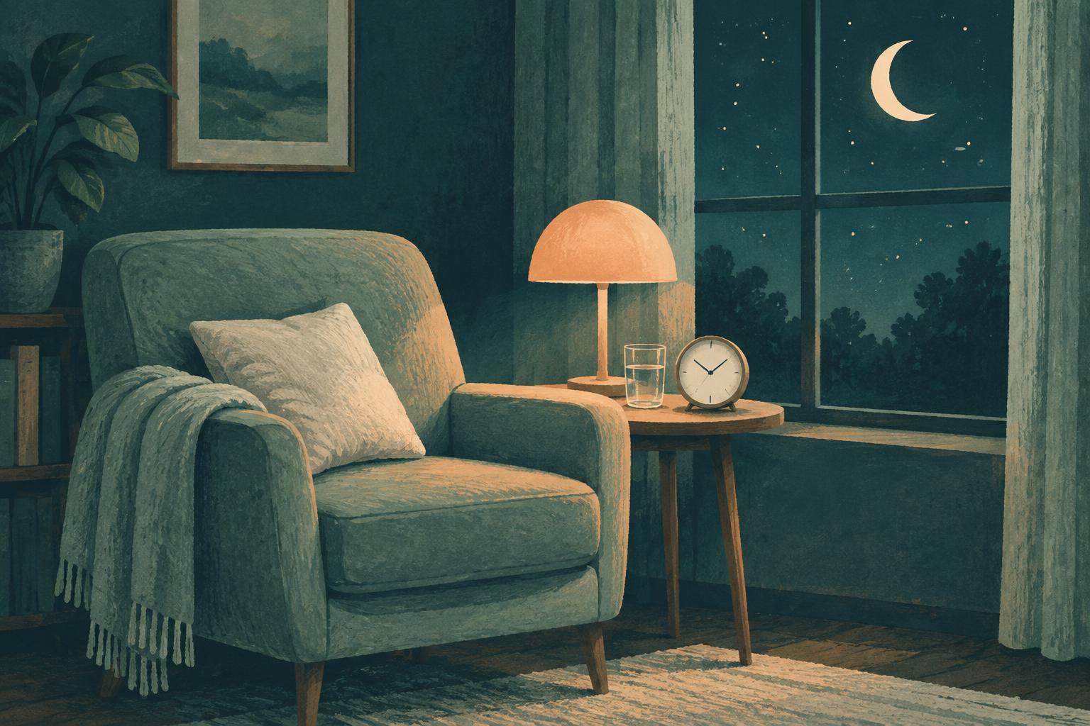 Anonymous illustration of an empty armchair beside a moonlit window with a clock, not a photograph of the family