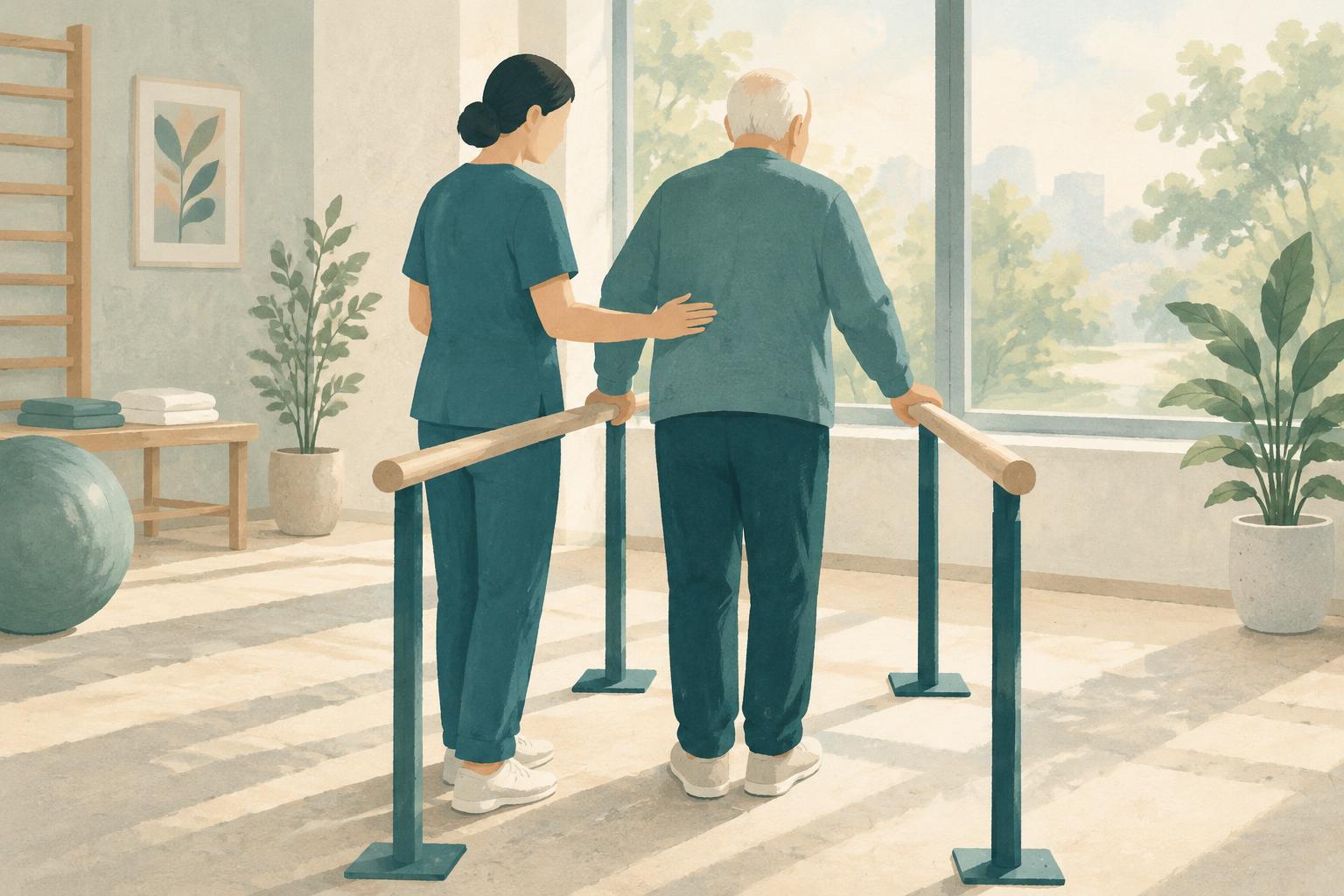 Anonymous illustration of physiotherapy with a caregiver, faces not shown