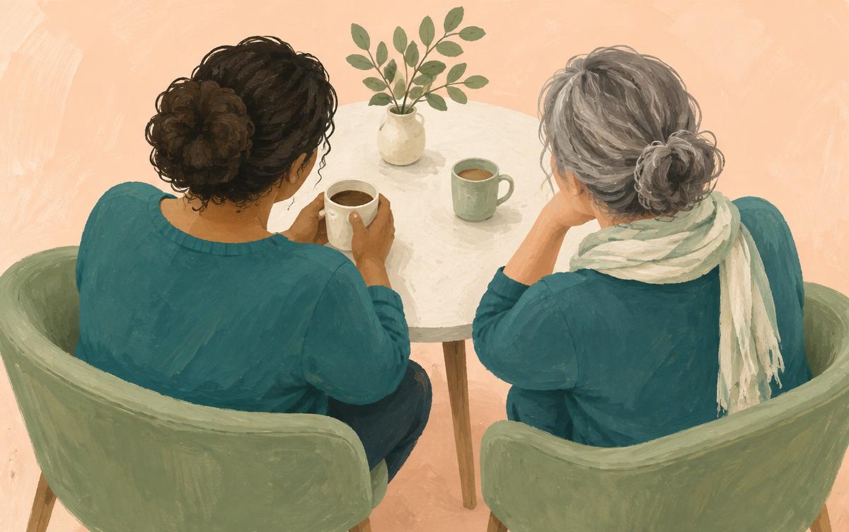 Fictional anonymous illustration of two caregivers in conversation
