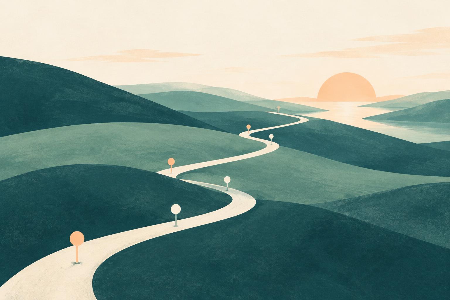 Abstract illustration of a winding path with milestone markers through teal hills, not a patient record