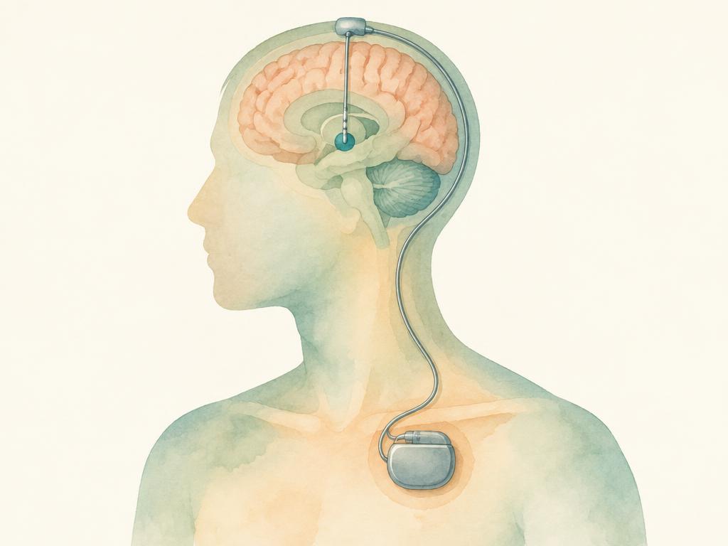 Watercolour diagram of deep brain stimulation: a thin lead in the brain connected under the skin to a small device below the collarbone