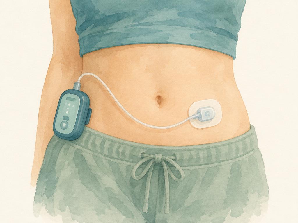 Watercolour illustration of a small unbranded wearable pump with thin tubing to a patch on the abdomen; not a real product photo