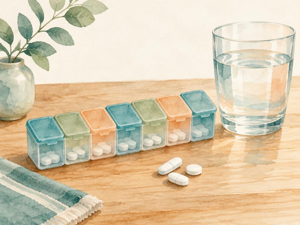 Watercolour illustration of a weekly pill organiser with plain unbranded tablets and a glass of water