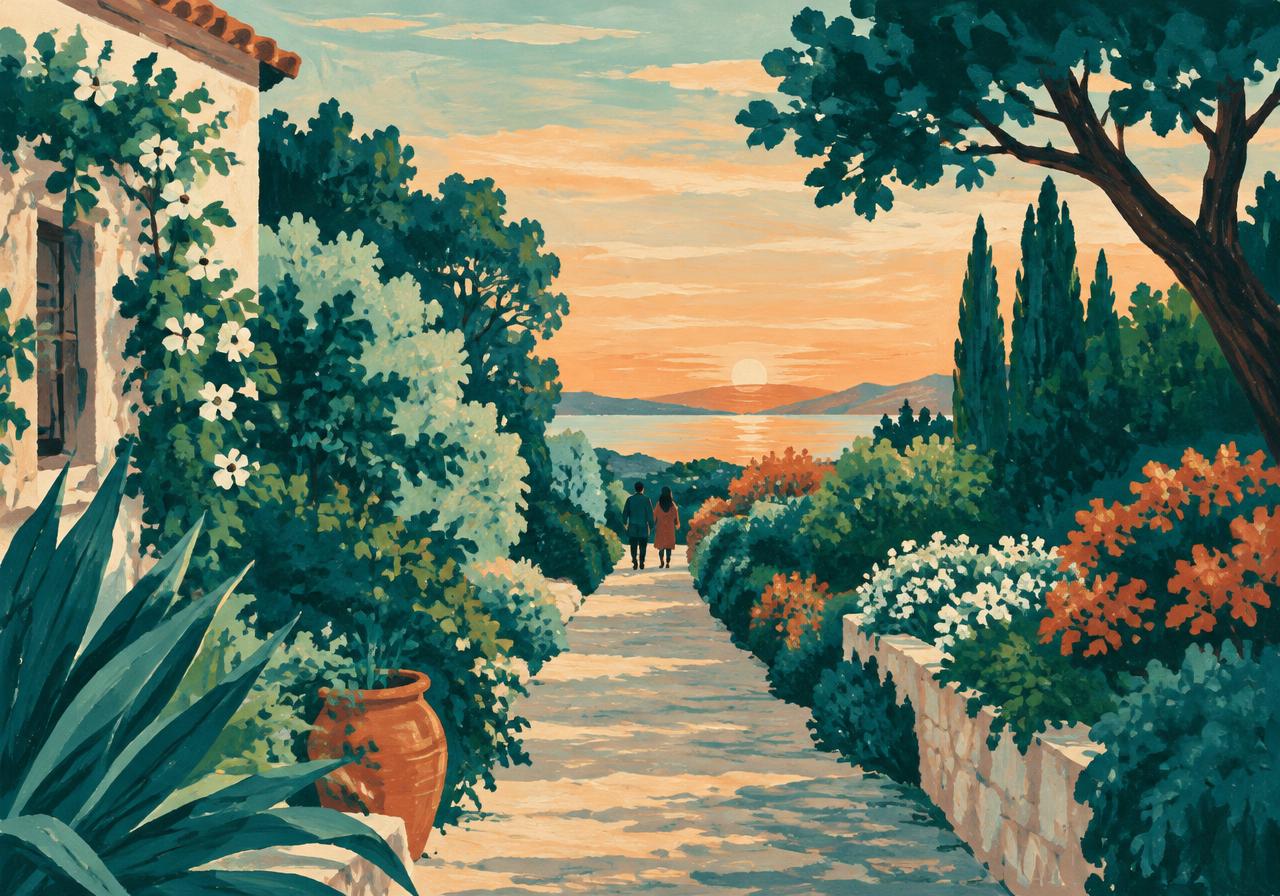 Illustrated garden path, not a photograph of the family